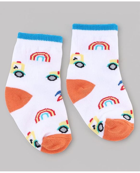Cute Walk by Babyhug Knit Anti-Bacterial Ankle Length Striped Socks With Vehicle & Rocket Design Pack of 5 - Grey, Red & Sky Blue