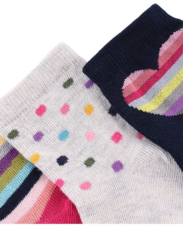 Cute Walk by Babyhug Knit Anti-Bacterial Ankle Length Striped Socks With Polka Dot & Heart Design Pack of 5 - Pink, White & Black