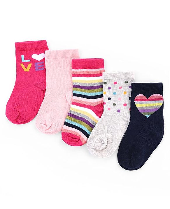 Cute Walk by Babyhug Knit Anti-Bacterial Ankle Length Striped Socks With Polka Dot & Heart Design Pack of 5 - Pink, White & Black