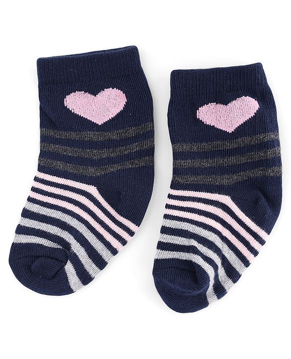 Cute Walk by Babyhug Knit Anti-Bacterial Ankle Length Striped Socks With Heart Design Pack of 5 - Grey & Black