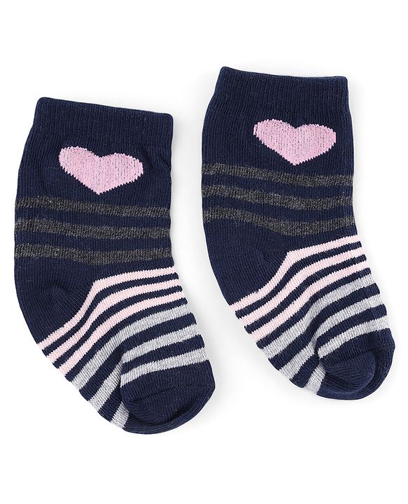 Cute Walk by Babyhug Knit Anti-Bacterial Ankle Length Striped Socks With Heart Design Pack of 5 - Grey & Black