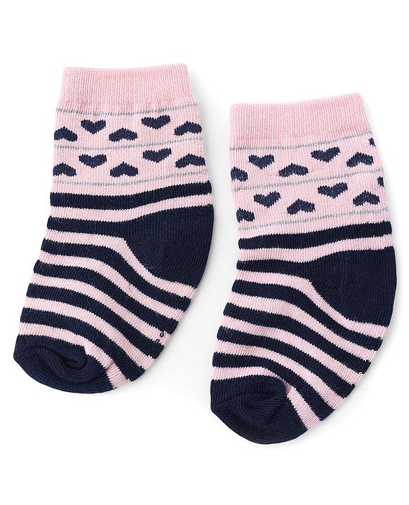 Cute Walk by Babyhug Knit Anti-Bacterial Ankle Length Striped Socks With Heart Design Pack of 5 - Grey & Black