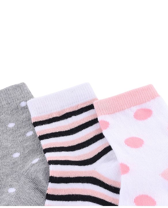 Cute Walk by Babyhug Knit Anti-Bacterial Ankle Length Striped Socks With Polka Dot Design Pack of 5 - Grey, White & Pink
