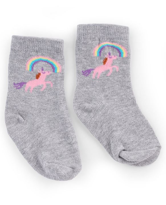 Cute Walk by Babyhug Knit Anti-Bacterial Ankle Length  Socks With Unicorn, Hearts & Rainbow Design Pack of 5 - Purple, Light Blue & Pink