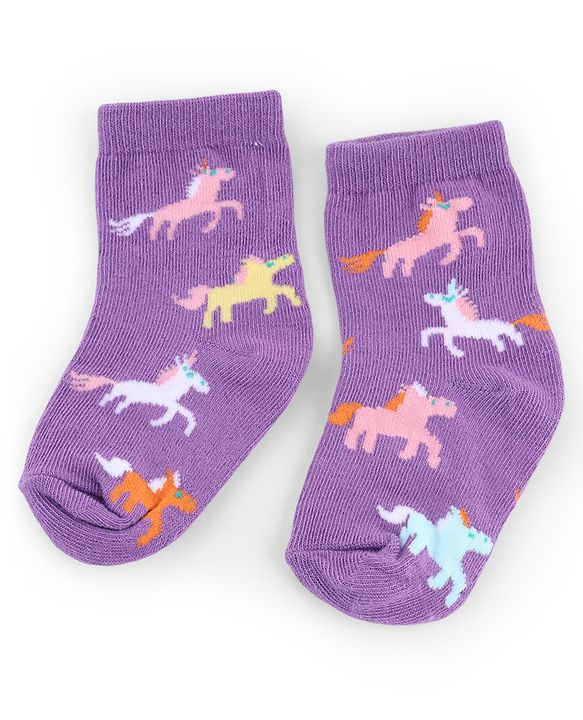 Cute Walk by Babyhug Knit Anti-Bacterial Ankle Length  Socks With Unicorn, Hearts & Rainbow Design Pack of 5 - Purple, Light Blue & Pink
