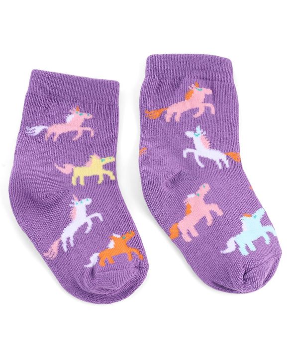 Cute Walk by Babyhug Knit Anti-Bacterial Ankle Length  Socks With Unicorn, Hearts & Rainbow Design Pack of 5 - Purple, Light Blue & Pink