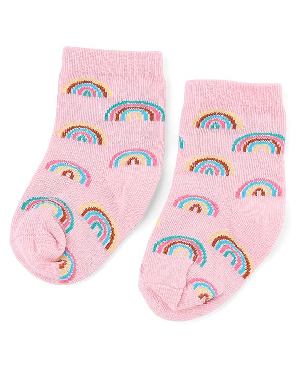 Cute Walk by Babyhug Knit Anti-Bacterial Ankle Length  Socks With Unicorn, Hearts & Rainbow Design Pack of 5 - Purple, Light Blue & Pink