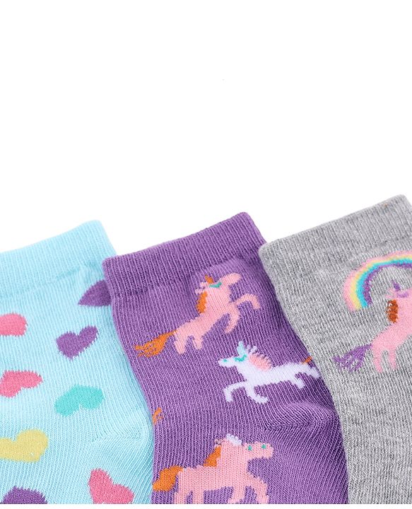 Cute Walk by Babyhug Knit Anti-Bacterial Ankle Length  Socks With Unicorn, Hearts & Rainbow Design Pack of 5 - Purple, Light Blue & Pink