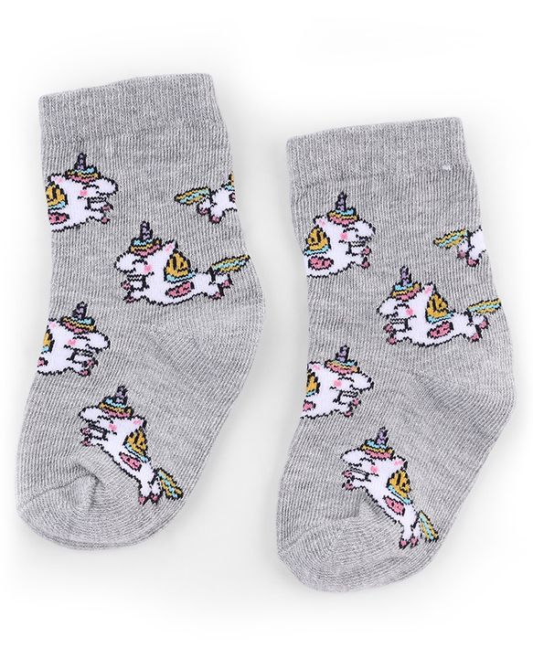 Cute Walk by Babyhug Knit Anti-Bacterial Ankle Length Striped Socks With Polka Dot & Unicorn Design Pack of 5 - Pink, White & Grey