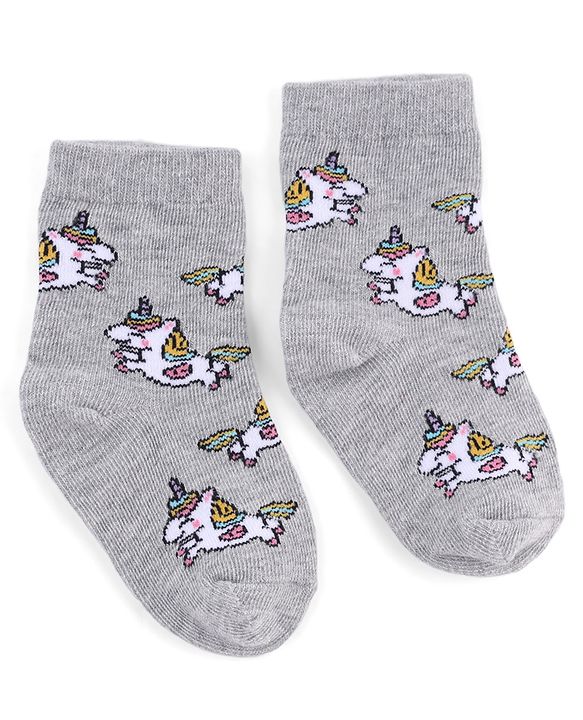 Cute Walk by Babyhug Knit Anti-Bacterial Ankle Length Striped Socks With Polka Dot & Unicorn Design Pack of 5 - Pink, White & Grey