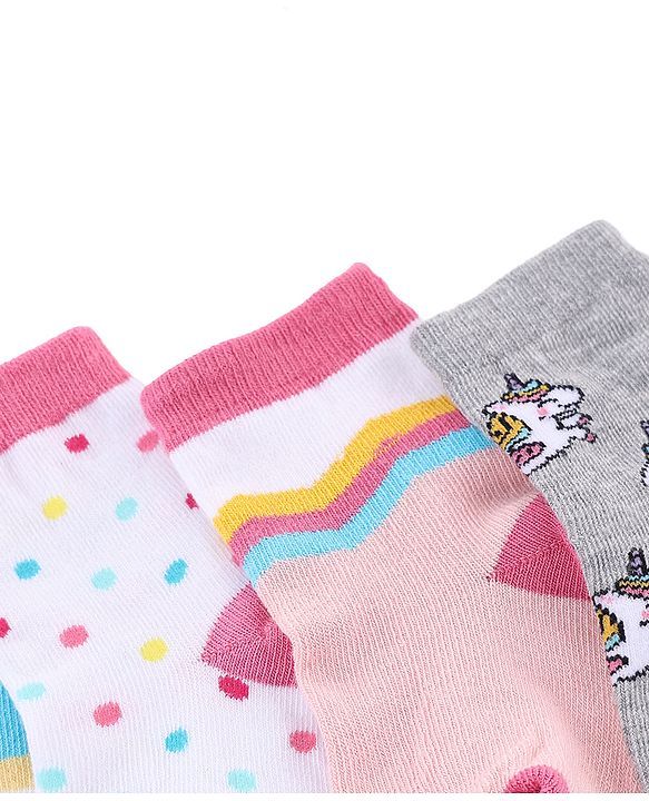 Cute Walk by Babyhug Knit Anti-Bacterial Ankle Length Striped Socks With Polka Dot & Unicorn Design Pack of 5 - Pink, White & Grey