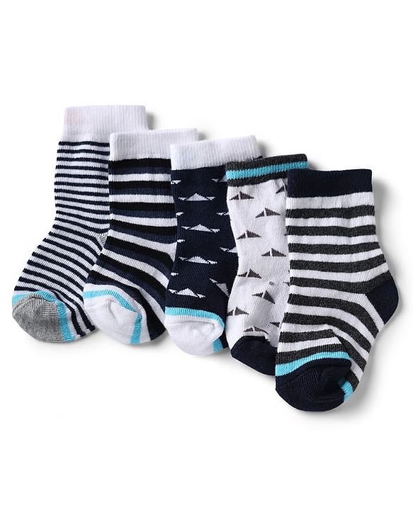 Cute Walk by Babyhug Knit Anti-Bacterial Ankle Length Striped Socks With Design Pack of 5 - Black, White & Grey