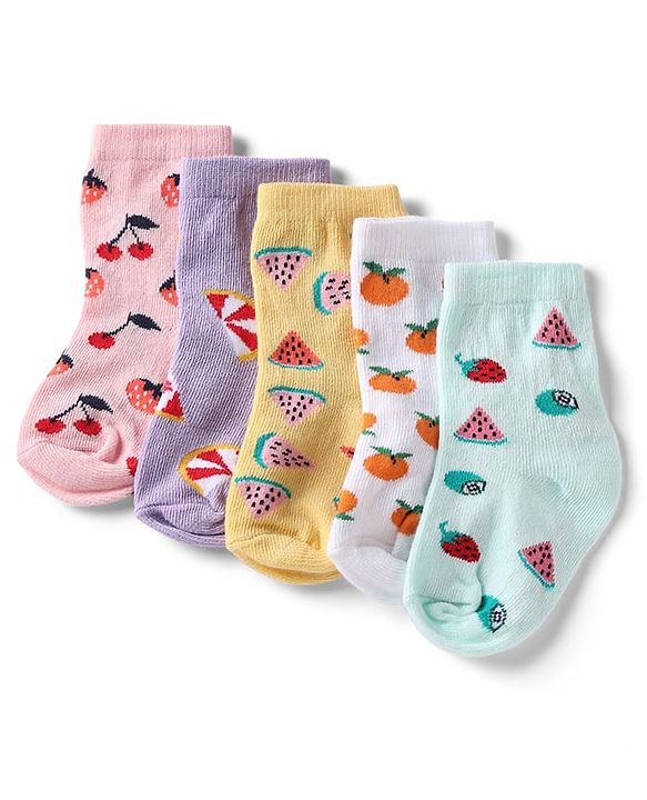 Cute Walk by Babyhug Knit Anti-Bacterial Ankle Length Socks With Fruit Design Pack of 5 - Pink, White & Lilac