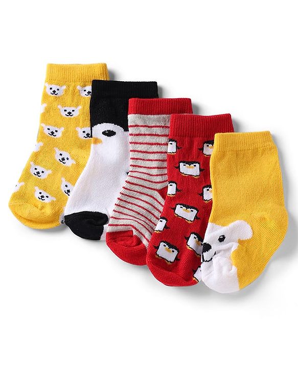 Cute Walk by Babyhug Knit Anti-Bacterial Ankle Length Striped Socks With Teddy Bear & Penguin Design Pack of 5 - Yellow, Red & Black
