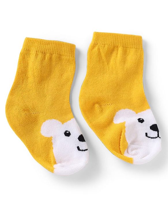 Cute Walk by Babyhug Knit Anti-Bacterial Ankle Length Striped Socks With Teddy Bear & Penguin Design Pack of 5 - Yellow, Red & Black