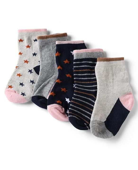 Cute Walk by Babyhug Knit Anti-Bacterial Ankle Length Striped Socks With Star Design Pack of 5 - Pink, Black & Grey