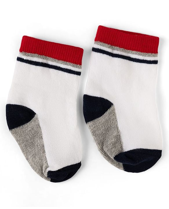 Cute Walk By Babyhug Knit Anti-Bacterial Ankle Length Striped Socks With Text Print Pack of 5  - Red & Grey
