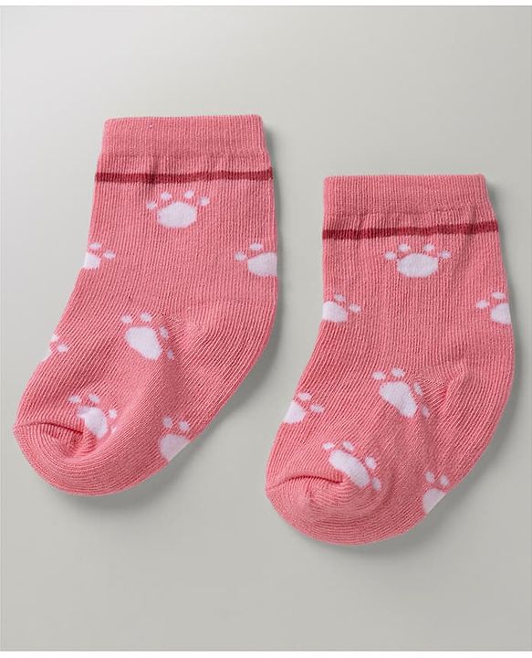 Cute Walk By Babyhug Poly Blends Knit Anti Bacterial Ankle Length Striped Socks With Paw Desgin Pack of 5 - Red, Dark Pink & White
