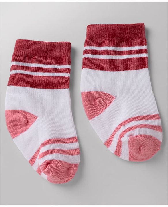 Cute Walk By Babyhug Poly Blends Knit Anti Bacterial Ankle Length Striped Socks With Paw Desgin Pack of 5 - Red, Dark Pink & White