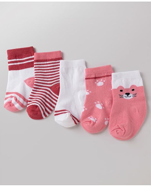 Cute Walk By Babyhug Poly Blends Knit Anti Bacterial Ankle Length Striped Socks With Paw Desgin Pack of 5 - Red, Dark Pink & White