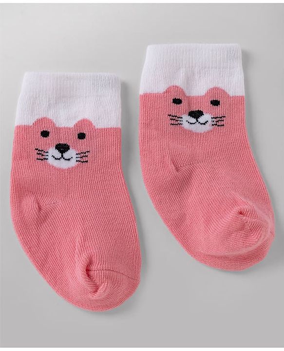 Cute Walk By Babyhug Poly Blends Knit Anti Bacterial Ankle Length Striped Socks With Paw Desgin Pack of 5 - Red, Dark Pink & White