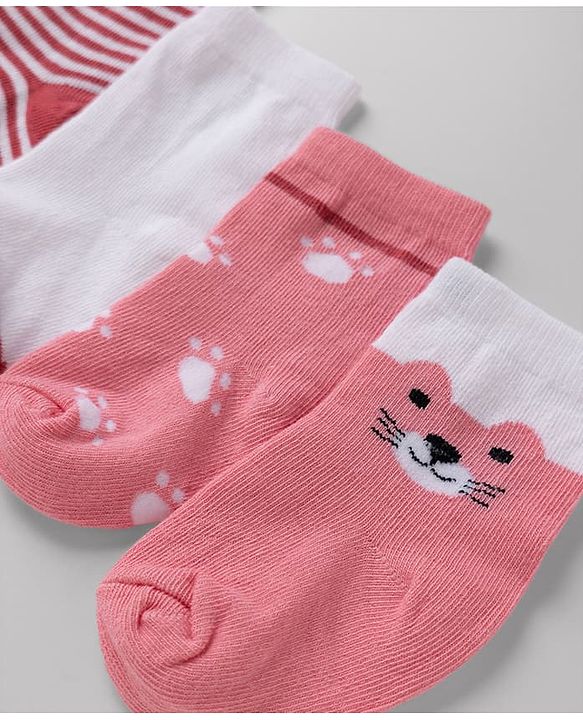Cute Walk By Babyhug Poly Blends Knit Anti Bacterial Ankle Length Striped Socks With Paw Desgin Pack of 5 - Red, Dark Pink & White