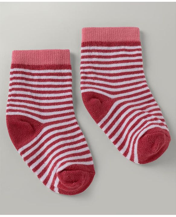 Cute Walk By Babyhug Poly Blends Knit Anti Bacterial Ankle Length Striped Socks With Paw Desgin Pack of 5 - Red, Dark Pink & White