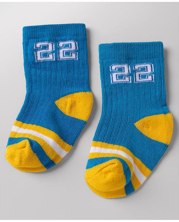 Cute Walk By Babyhug Poly Blends Knit Anti Bacterial Ankle Length Embroided Striped Socks Pack of 5 - Yellow, Blue & White