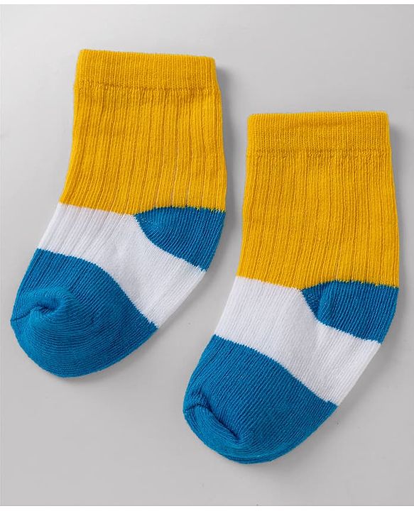 Cute Walk By Babyhug Poly Blends Knit Anti Bacterial Ankle Length Embroided Striped Socks Pack of 5 - Yellow, Blue & White
