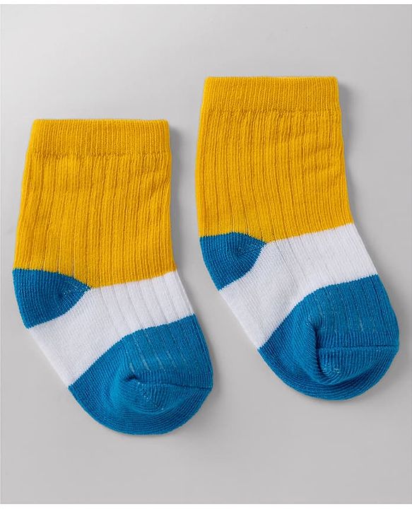 Cute Walk By Babyhug Poly Blends Knit Anti Bacterial Ankle Length Embroided Striped Socks Pack of 5 - Yellow, Blue & White