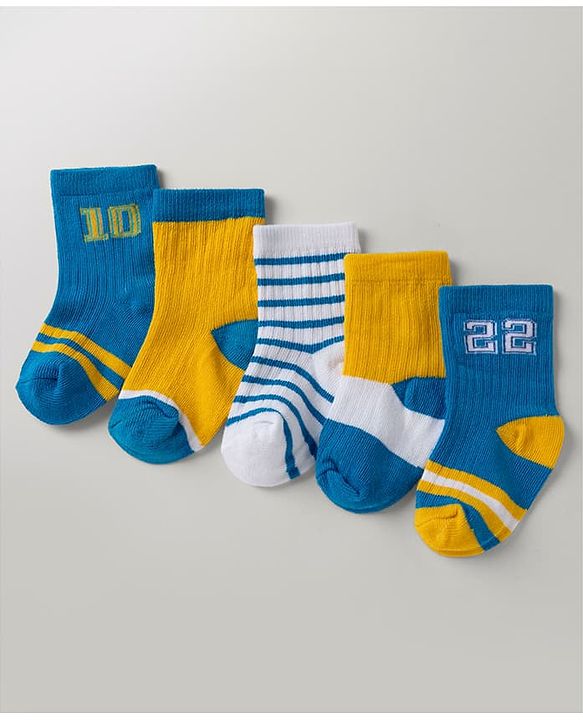Cute Walk By Babyhug Poly Blends Knit Anti Bacterial Ankle Length Embroided Striped Socks Pack of 5 - Yellow, Blue & White