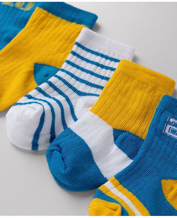 Cute Walk By Babyhug Poly Blends Knit Anti Bacterial Ankle Length Embroided Striped Socks Pack of 5 - Yellow, Blue & White