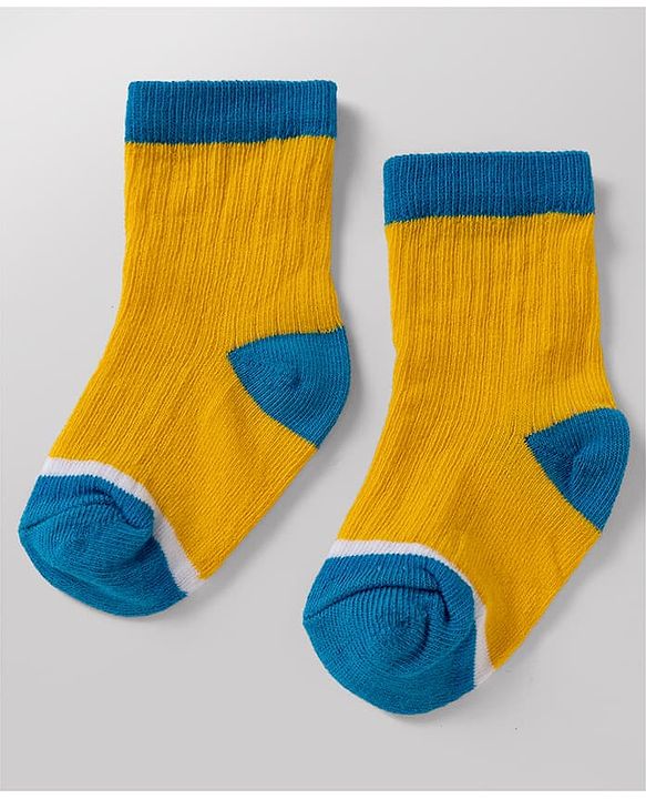 Cute Walk By Babyhug Poly Blends Knit Anti Bacterial Ankle Length Embroided Striped Socks Pack of 5 - Yellow, Blue & White