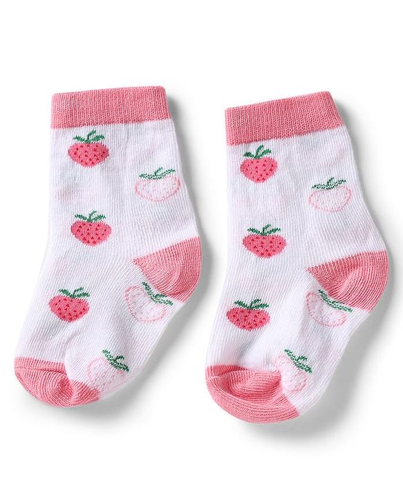 Cute Walk by Babyhug Knit Anti-Bacterial Ankle Length Striped Socks With Strawberry & Floral Design Pack of 5 - Pink & White