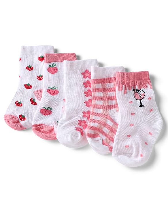Cute Walk by Babyhug Knit Anti-Bacterial Ankle Length Striped Socks With Strawberry & Floral Design Pack of 5 - Pink & White