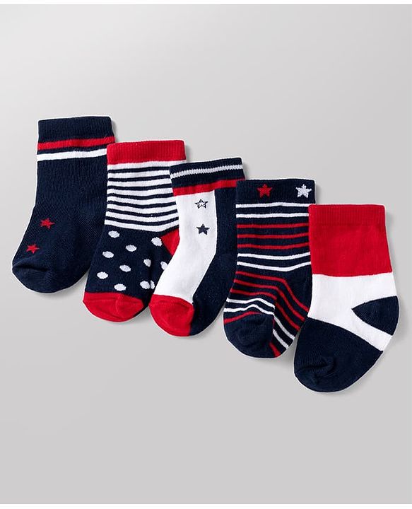 Cute Walk By Babyhug Poly Blends Knit Anti Bacterial Ankle Length Striped Socks With Paw Design Pack of 5 - Red, Dark Pink & White