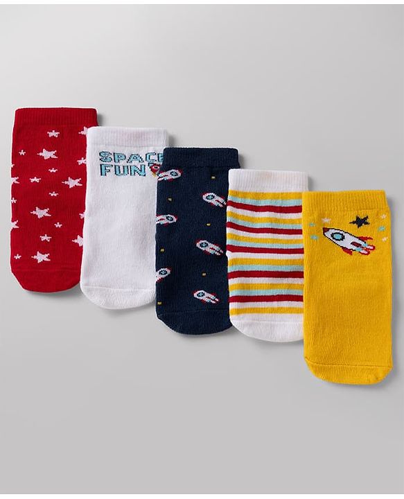 Cute Walk By Babyhug Anti-Bacterial Ankle Length Striped Socks with Space & Text Design Pack of 5  - Red White Black Yellow