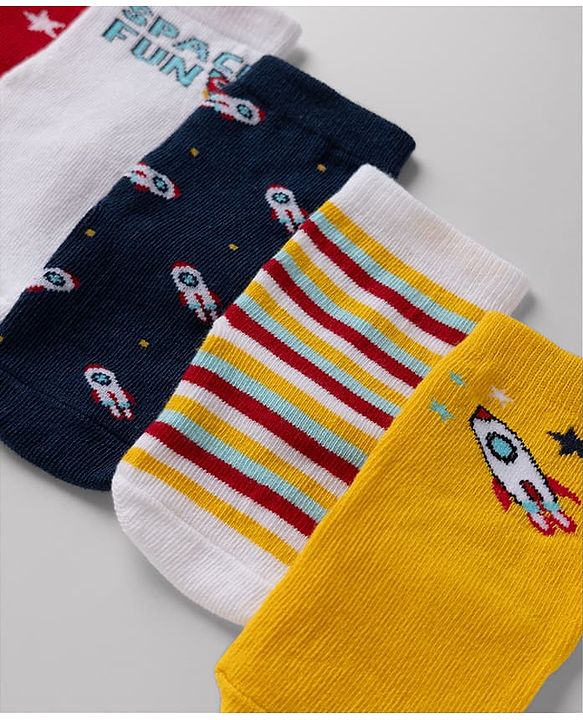 Cute Walk By Babyhug Anti-Bacterial Ankle Length Striped Socks with Space & Text Design Pack of 5  - Red White Black Yellow