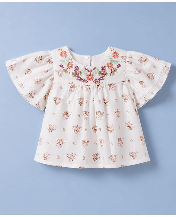 Babyhug Rayon Woven Top with Half Sleeves and Floral Embroidery - Offwhite