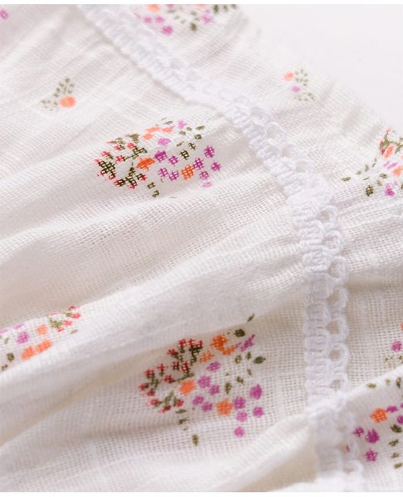 Babyhug Rayon Woven Top with Half Sleeves and Floral Embroidery - Offwhite