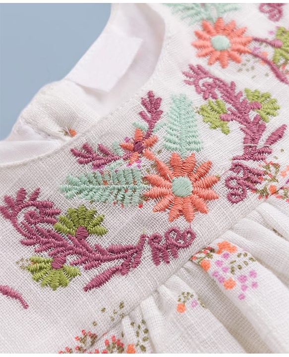 Babyhug Rayon Woven Top with Half Sleeves and Floral Embroidery - Offwhite