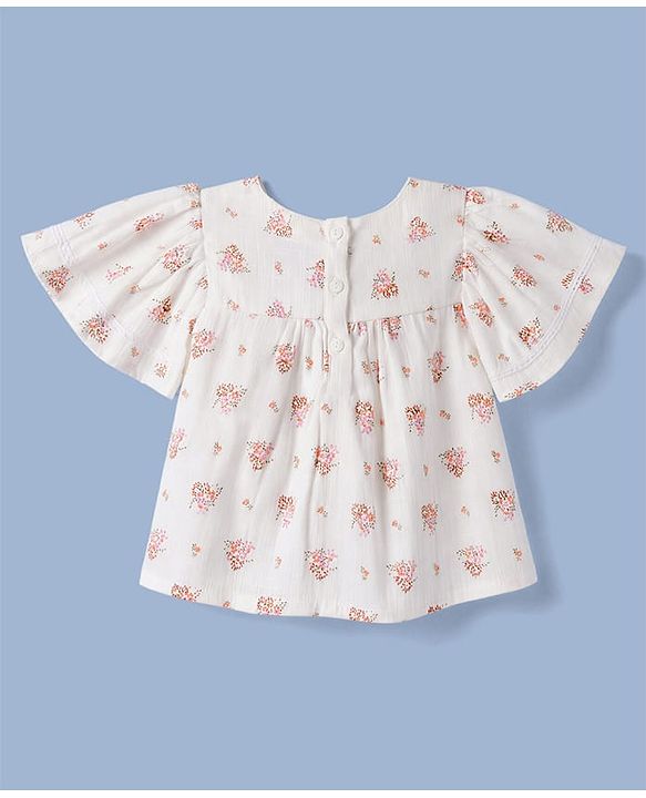 Babyhug Rayon Woven Top with Half Sleeves and Floral Embroidery - Offwhite