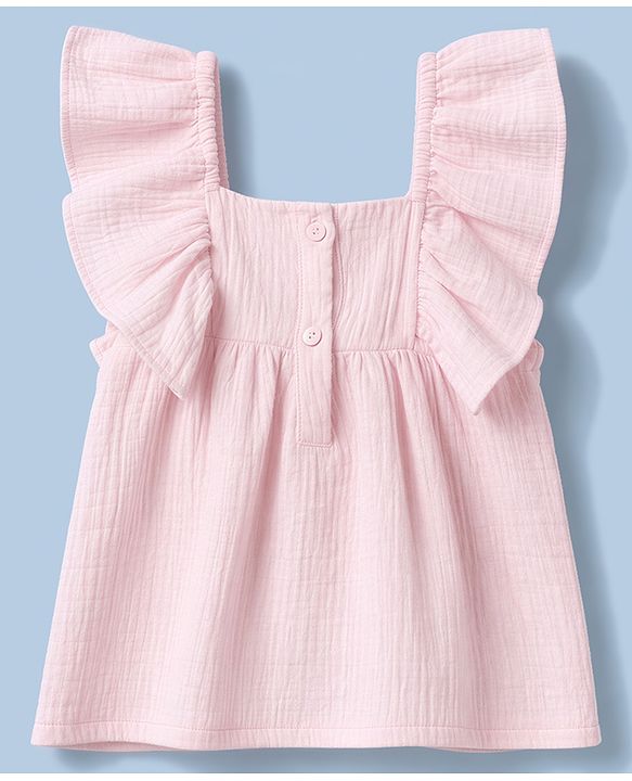 Babyhug 100% Cotton Woven Flutter Sleeves Top With Floral Applique - Pink