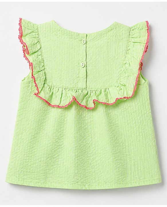 Babyhug 100% Cotton Woven Top with Half Sleeves and Floral Embroidery - Light Green