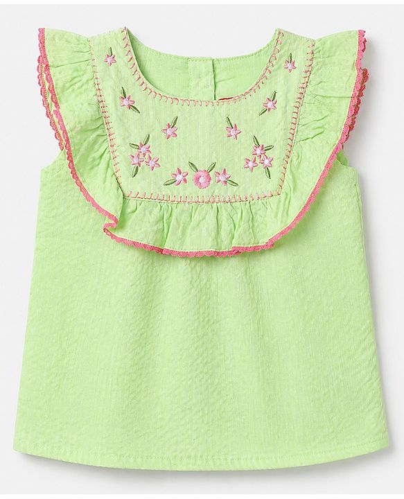 Babyhug 100% Cotton Woven Top with Half Sleeves and Floral Embroidery - Light Green