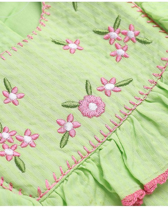Babyhug 100% Cotton Woven Top with Half Sleeves and Floral Embroidery - Light Green