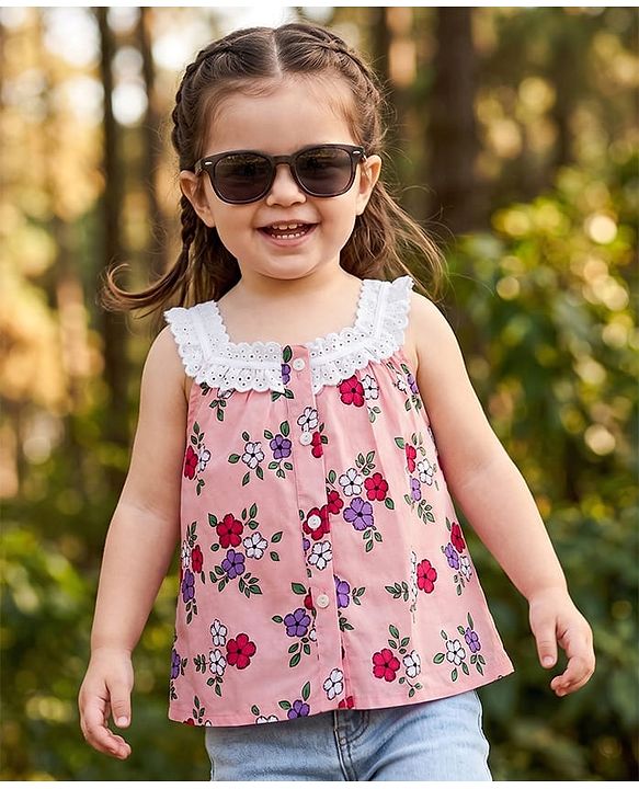 Babyhug Rayon Woven Sleeveless Floral Printed Top with Lace Detailing - Pink