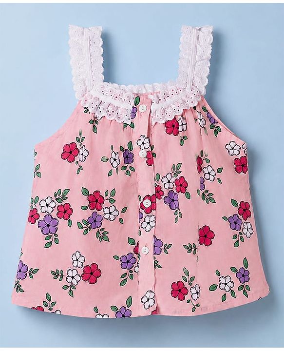 Babyhug Rayon Woven Sleeveless Floral Printed Top with Lace Detailing - Pink