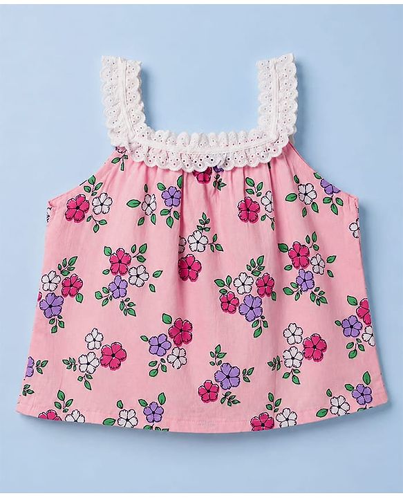 Babyhug Rayon Woven Sleeveless Floral Printed Top with Lace Detailing - Pink