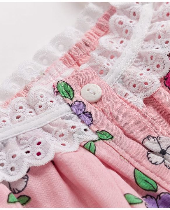 Babyhug Rayon Woven Sleeveless Floral Printed Top with Lace Detailing - Pink